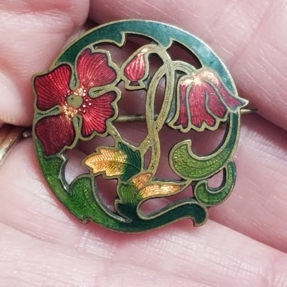 Antique brooch pin poppy flowers floral gold tone Victorian Edwardian red